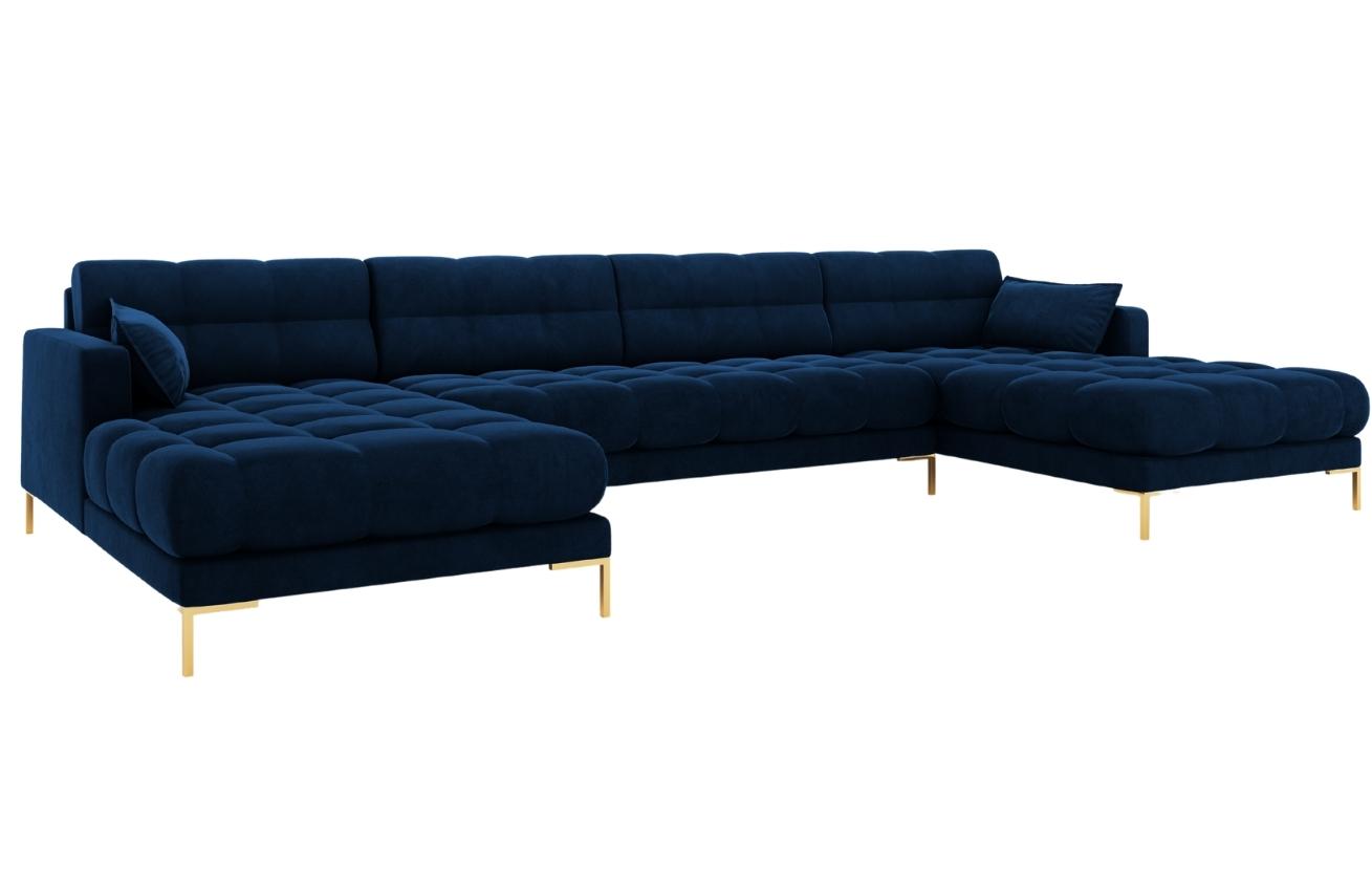 Královsky modrá sametová šestimístná rohová pohovka do "U" MICADONI MAMAIA 383 cm se zlatou podnoží Micadoni