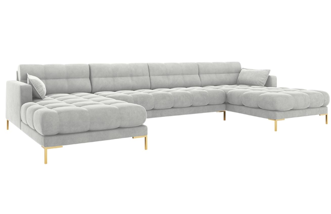 Světle šedá sametová šestimístná rohová pohovka do "U" MICADONI MAMAIA 383 cm se zlatou podnoží Micadoni