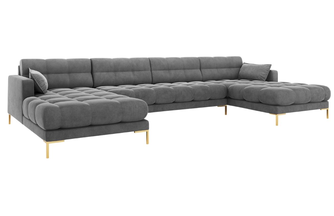 Šedá sametová šestimístná rohová pohovka do "U" MICADONI MAMAIA 383 cm se zlatou podnoží Micadoni