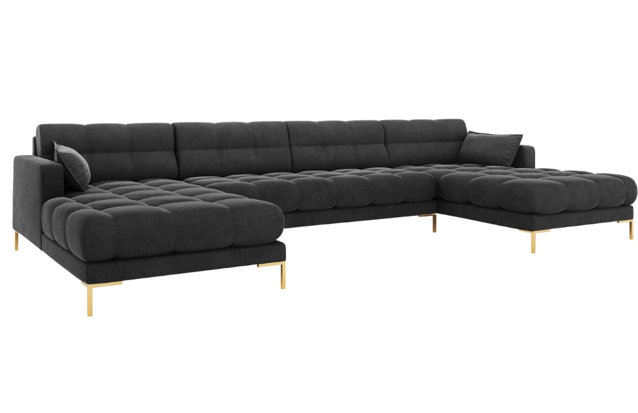 Tmavě šedá sametová šestimístná rohová pohovka do "U" MICADONI MAMAIA 383 cm se zlatou podnoží Micadoni