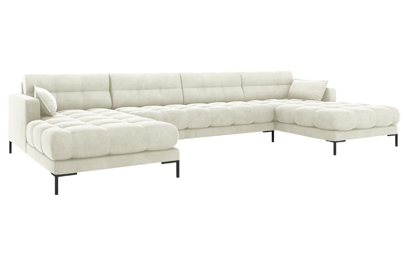 Krémová sametová šestimístná rohová pohovka do "U" MICADONI MAMAIA 383 cm s černou podnoží Micadoni