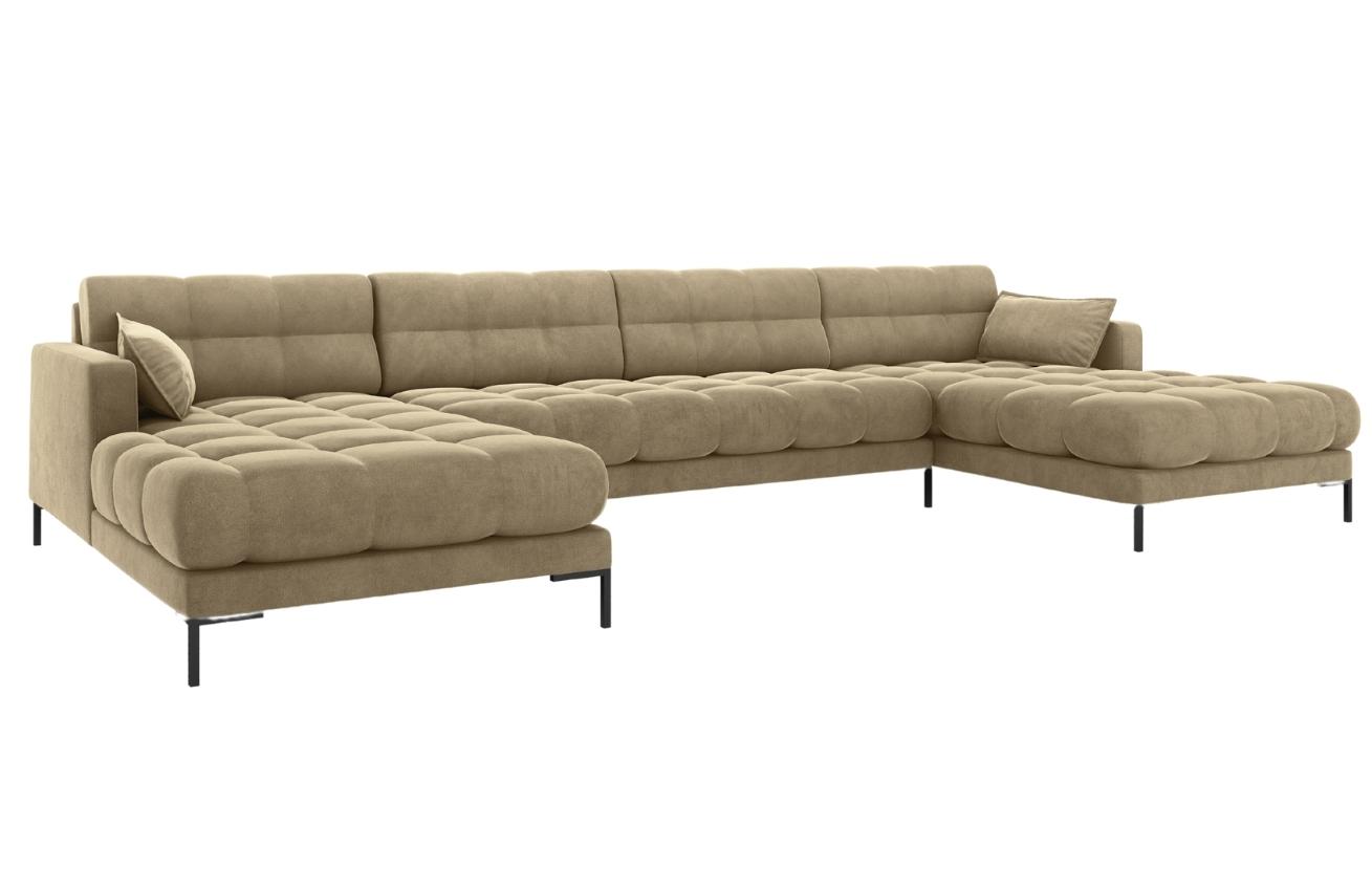 Béžová sametová šestimístná rohová pohovka do "U" MICADONI MAMAIA 383 cm s černou podnoží Micadoni