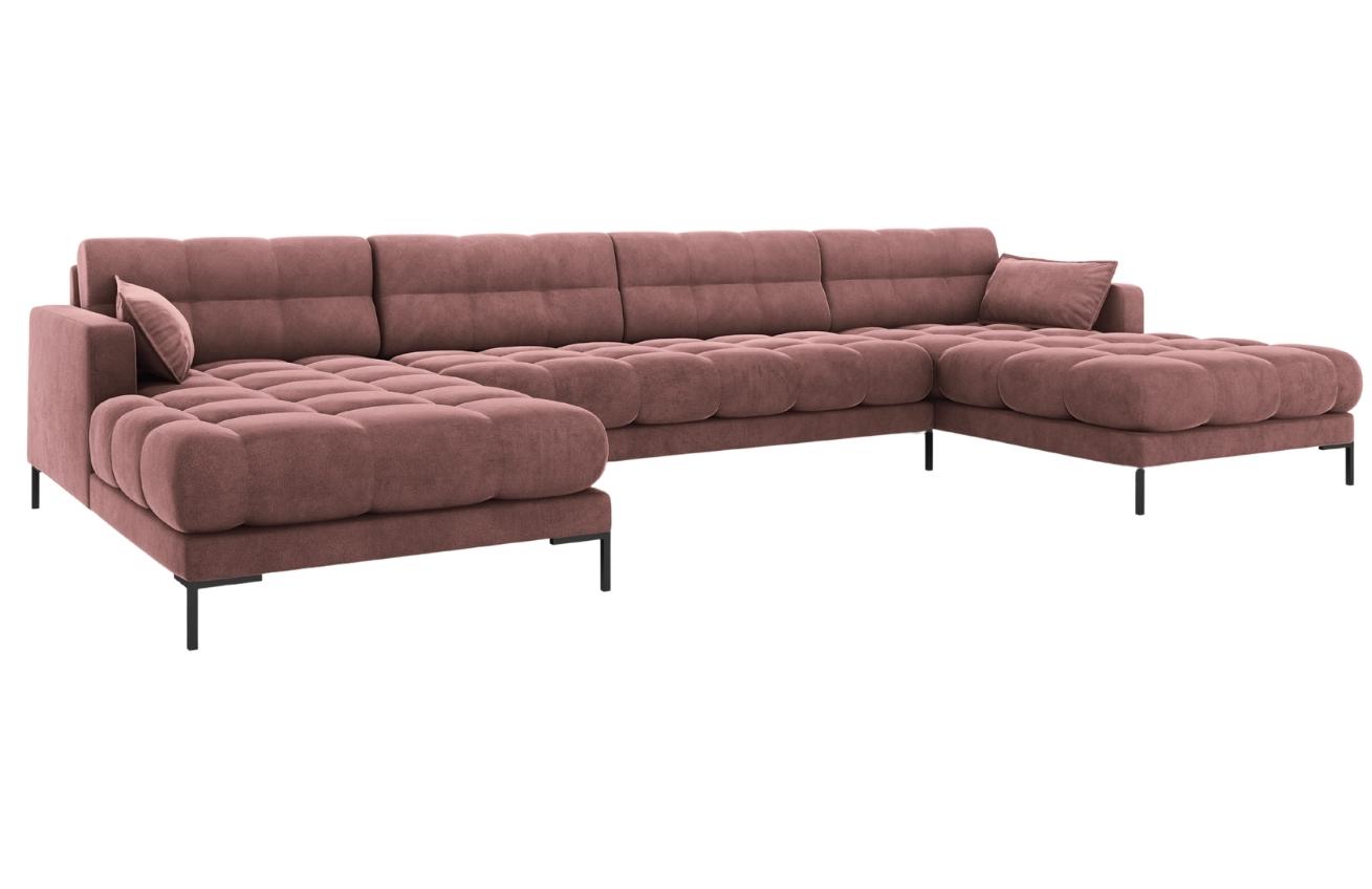 Růžová sametová šestimístná rohová pohovka do "U" MICADONI MAMAIA 383 cm s černou podnoží Micadoni