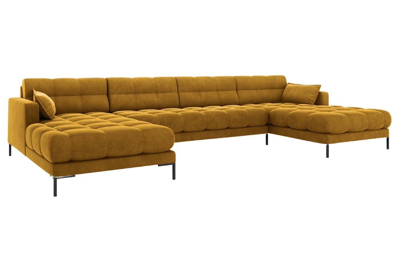Žlutá sametová šestimístná rohová pohovka do "U" MICADONI MAMAIA 383 cm s černou podnoží Micadoni