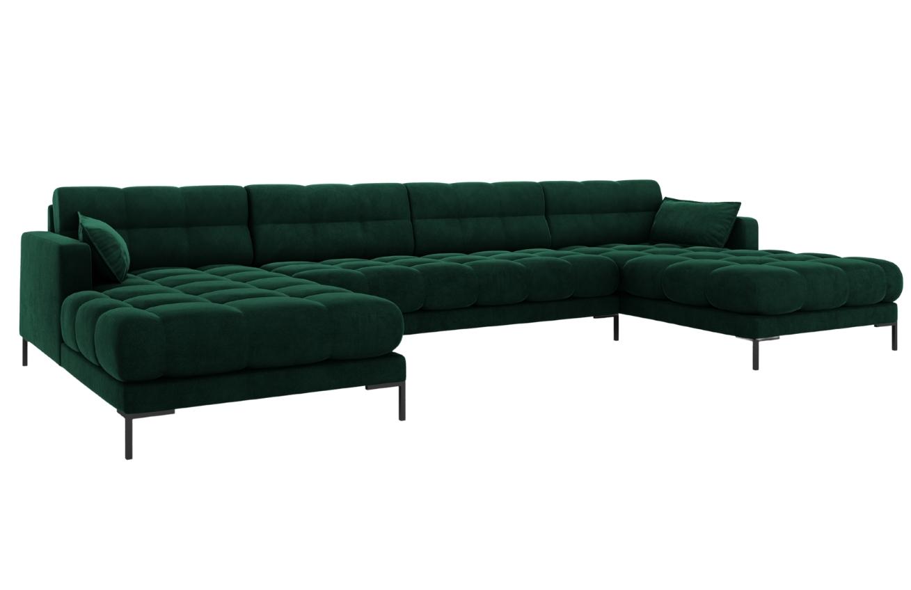 Tmavě zelená sametová šestimístná rohová pohovka do "U" MICADONI MAMAIA 383 cm s černou podnoží Micadoni