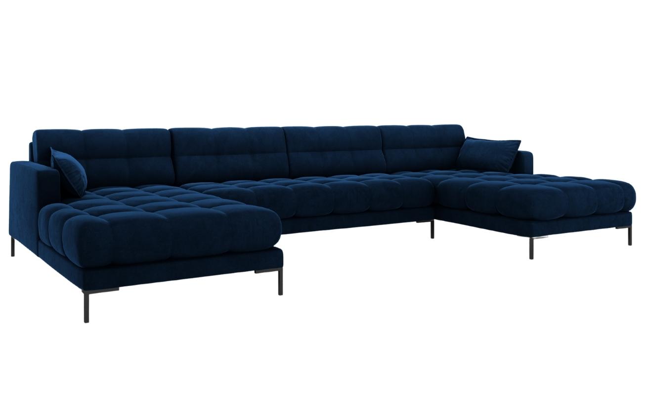 Královsky modrá sametová šestimístná rohová pohovka do "U" MICADONI MAMAIA 383 cm s černou podnoží Micadoni