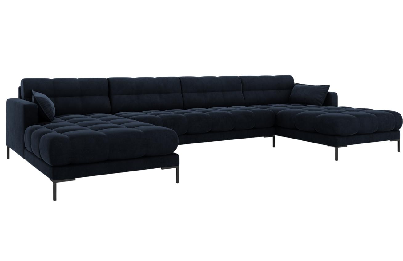 Tmavě modrá sametová šestimístná rohová pohovka do "U" MICADONI MAMAIA 383 cm s černou podnoží Micadoni