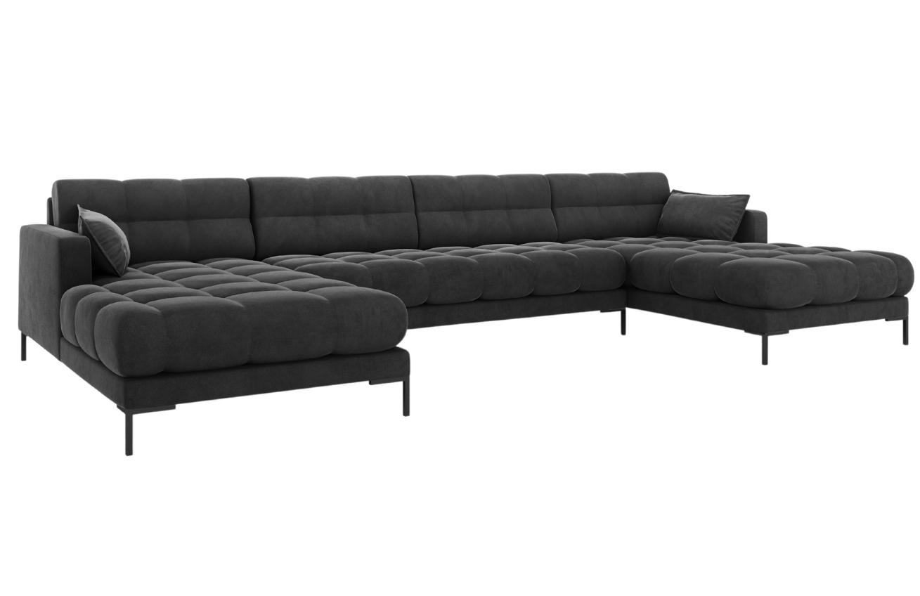 Tmavě šedá sametová šestimístná rohová pohovka do "U" MICADONI MAMAIA 383 cm s černou podnoží Micadoni
