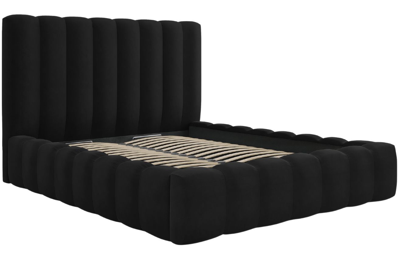 Černá sametová dvoulůžková postel MICADONI Kelp 180 x 200 cm s úložným prostorem Micadoni