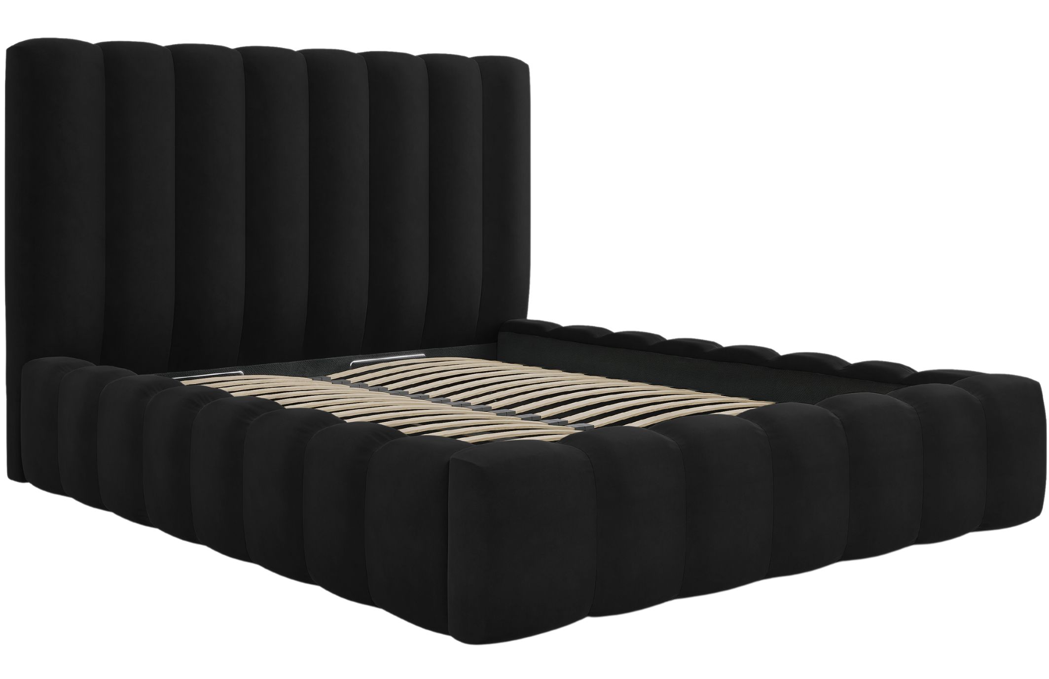 Černá sametová dvoulůžková postel MICADONI Kelp 200 x 200 cm s úložným prostorem Micadoni