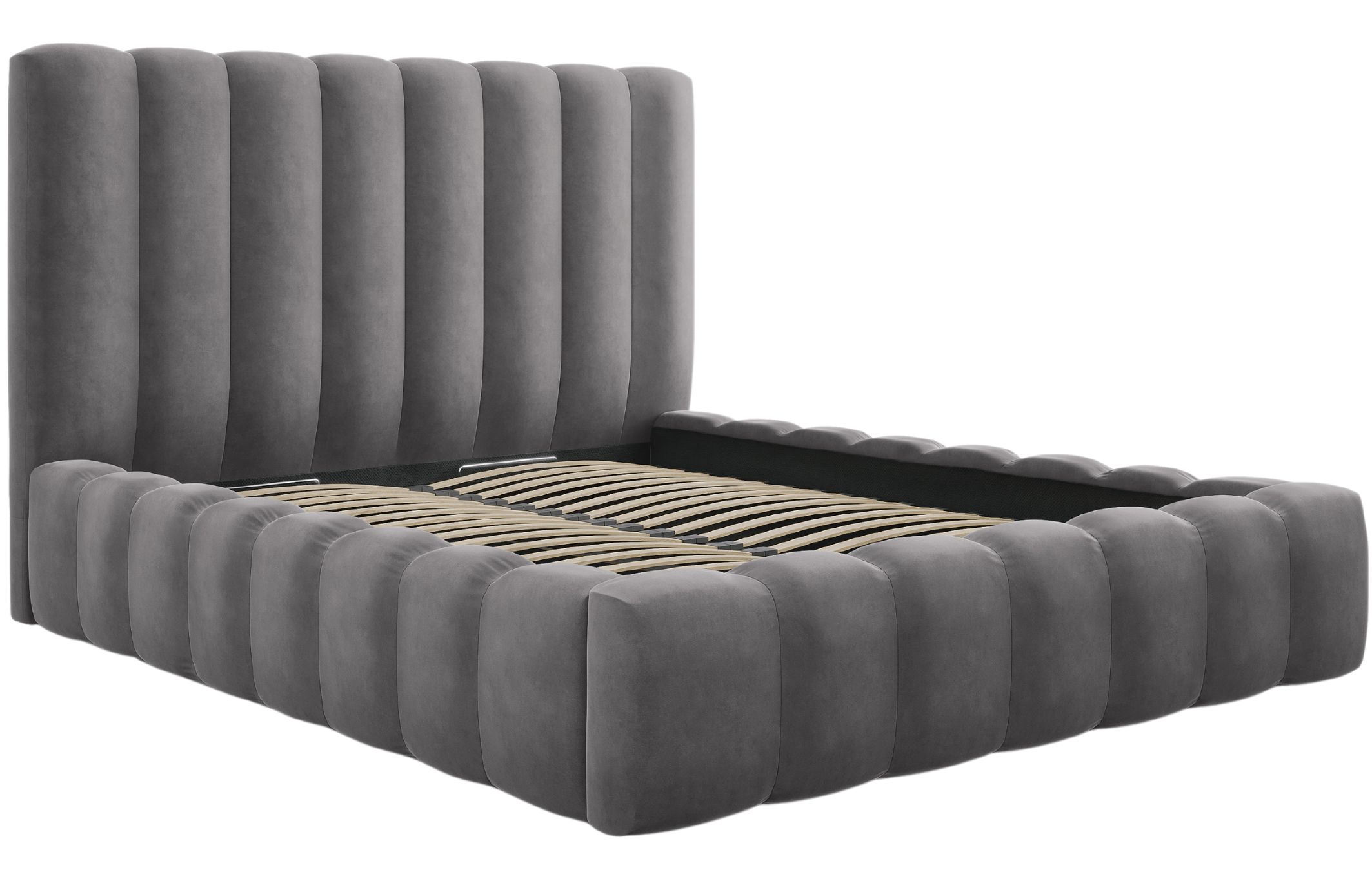 Šedá sametová dvoulůžková postel MICADONI Kelp 200 x 200 cm s úložným prostorem Micadoni