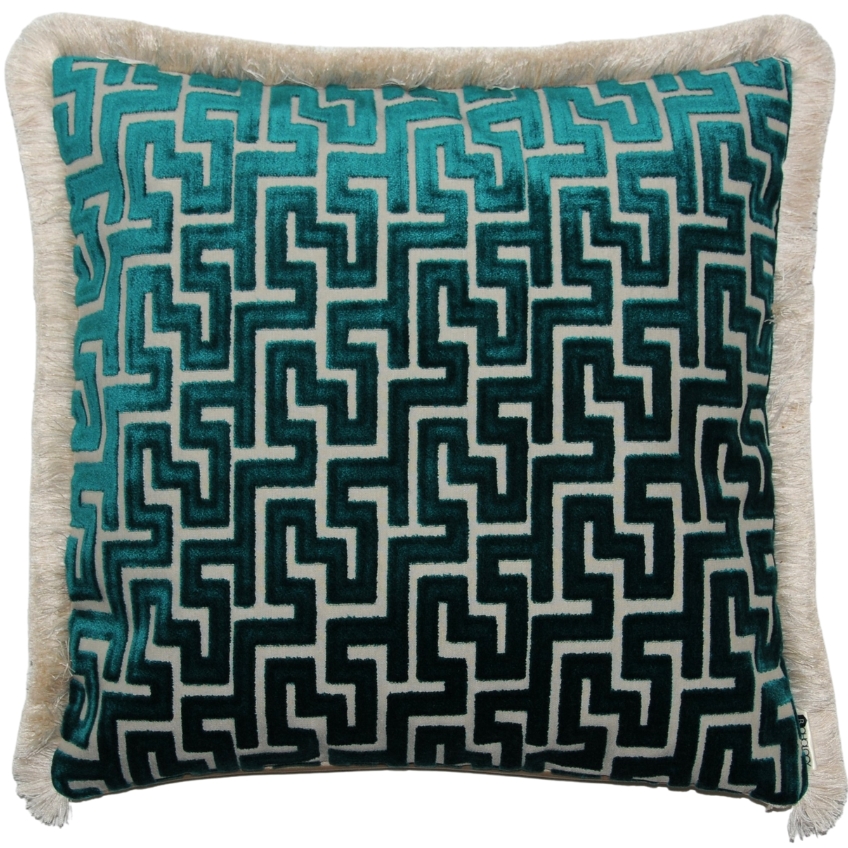BOHOLOGY Petrolejově modrý sametový povlak na polštář Labyrinth 50 x 50 cm s třásněmi BOHOLOGY