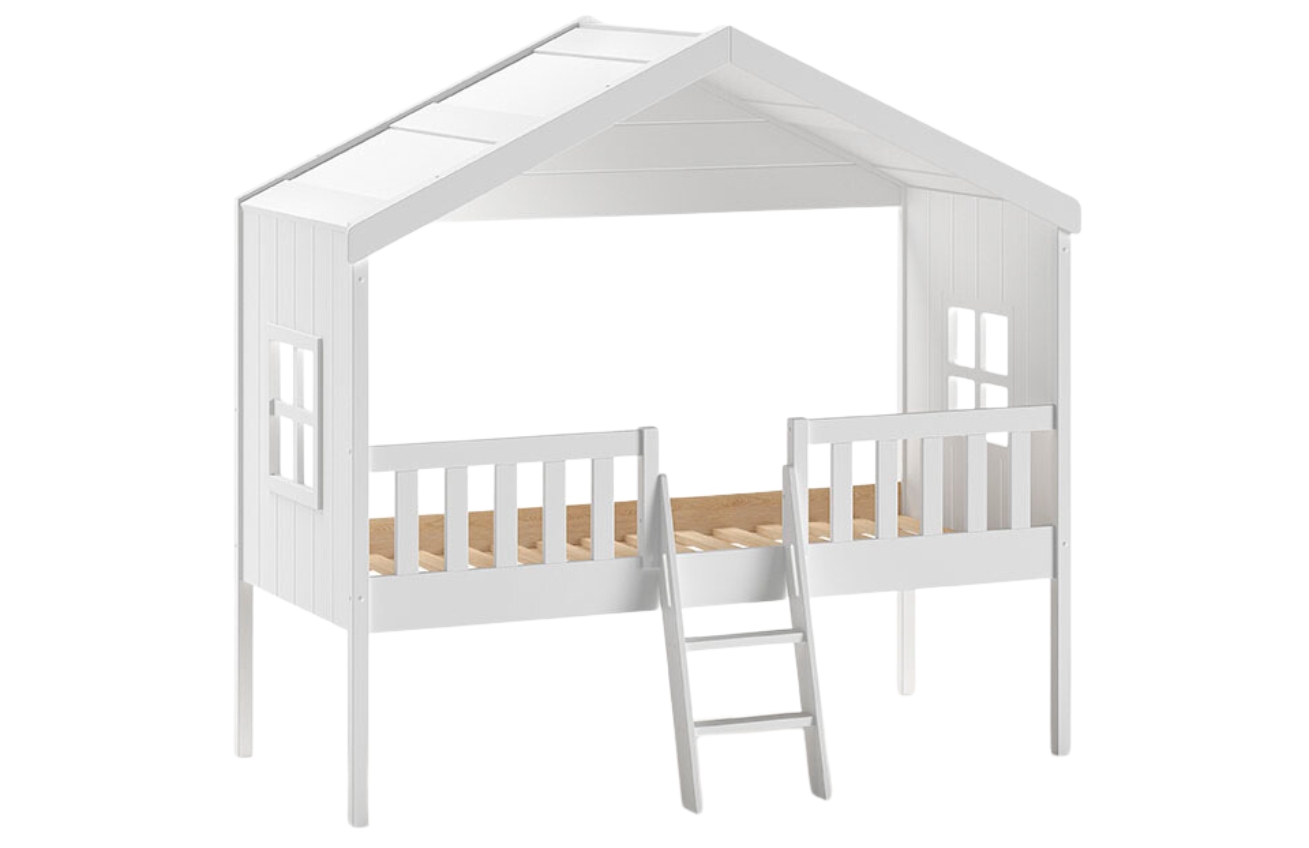 Bílá borovicová dětská postel Vipack Housebed 90 x 200 cm se žebříkem Vipack