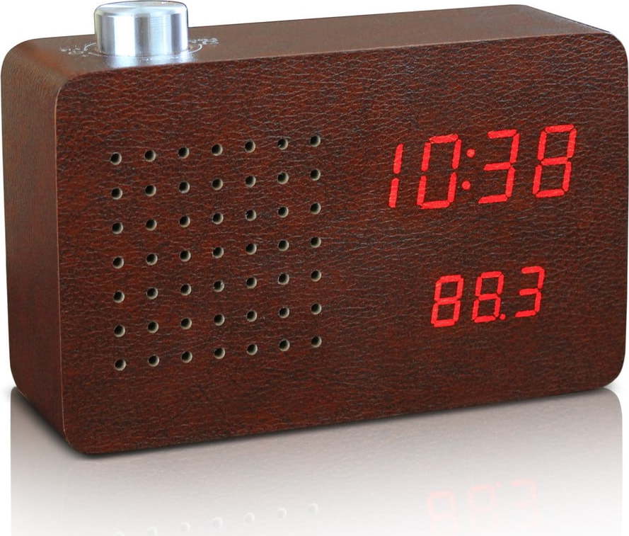 Tmavě hnědý budík s červeným LED displejem a rádiem Gingko Radio Click Clock Gingko