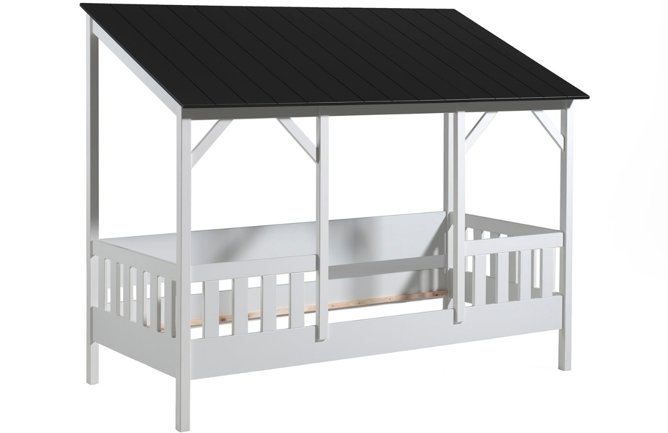 Bílá borovicová dětská postel Vipack Housebed 90 x 200 cm s černou střechou Vipack