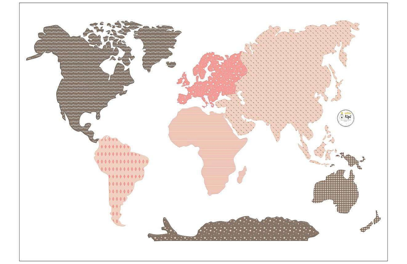 Yellow Tipi Růžová samolepka na zeď World Map 88 x 155 cm Yellow Tipi