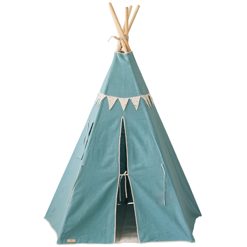 Moi Mili Modrý lněný teepee stan s girlandou Indian 170 x 130 cm Moi Mili