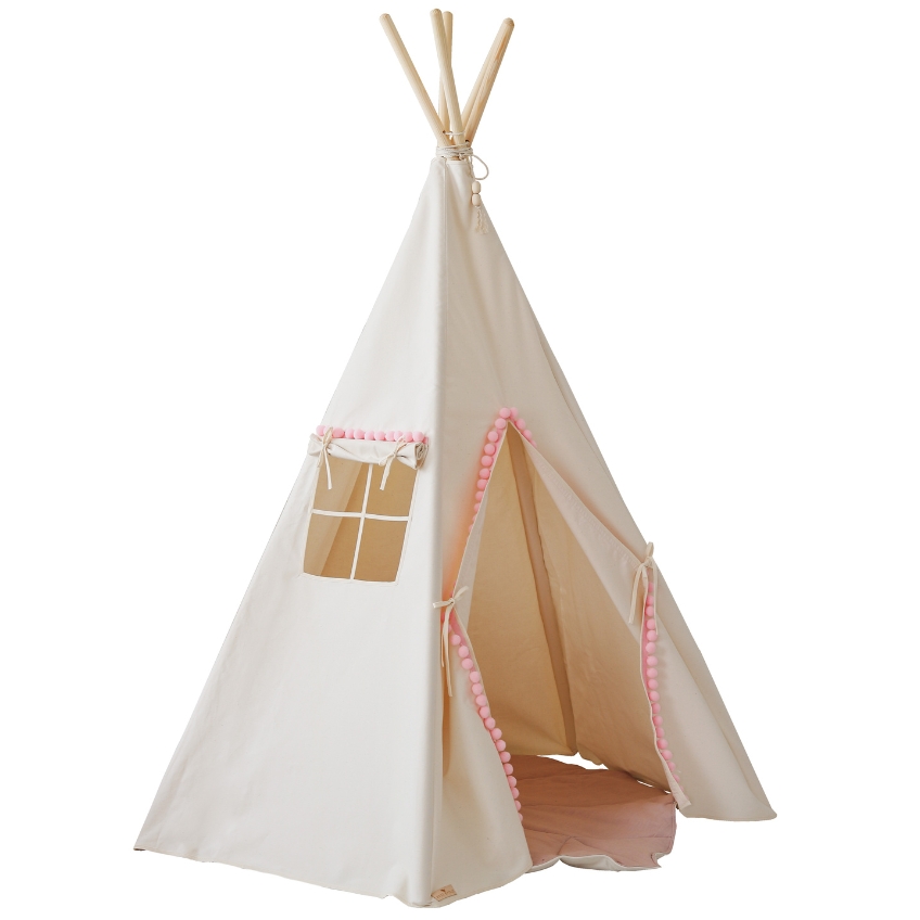 Moi Mili Béžový bavlněný teepee stan Fluffy Pompoms II. 170 x 130 cm Moi Mili