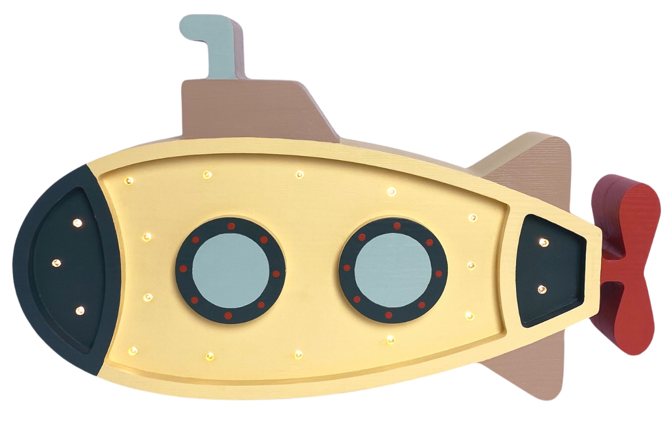 Peekaboo Žlutá dřevěná dětská LED lampa Ponorka 40 cm Peekaboo