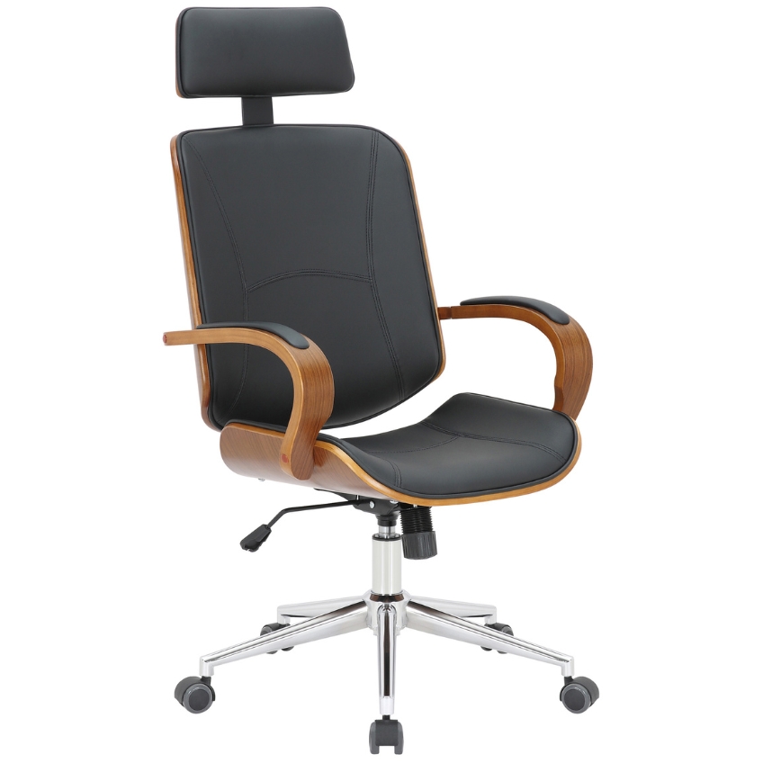 DMQ Černá koženková kancelářská židle Daianie s ořechovou skořepinou DMQ