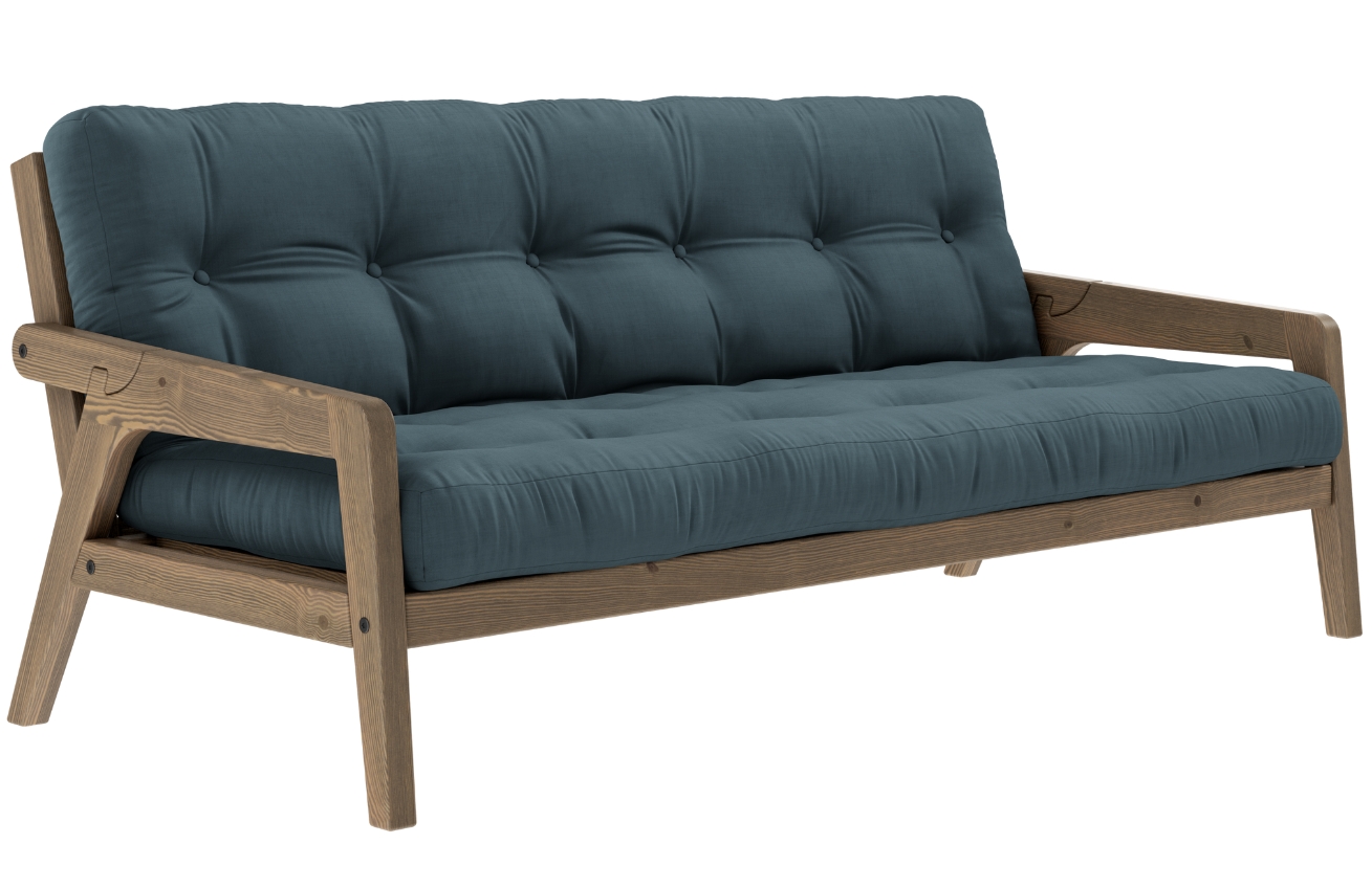 Petrolejově modrá trojmístná rozkládací pohovka Karup Design Grab 204 cm s hnědou konstrukcí Karup Design