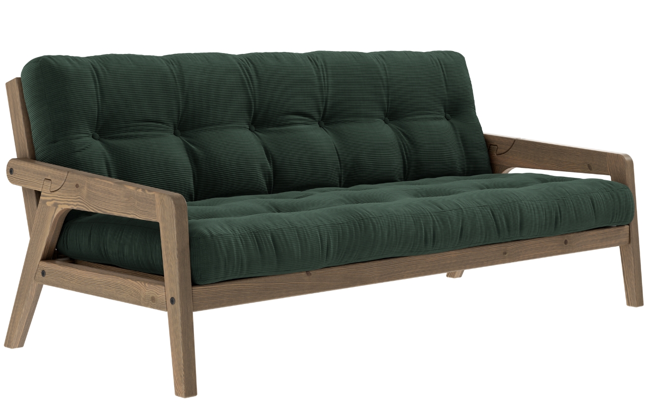 Tmavě zelená manšestrová trojmístná rozkládací pohovka Karup Design Grab 204 cm s hnědou konstrukcí Karup Design