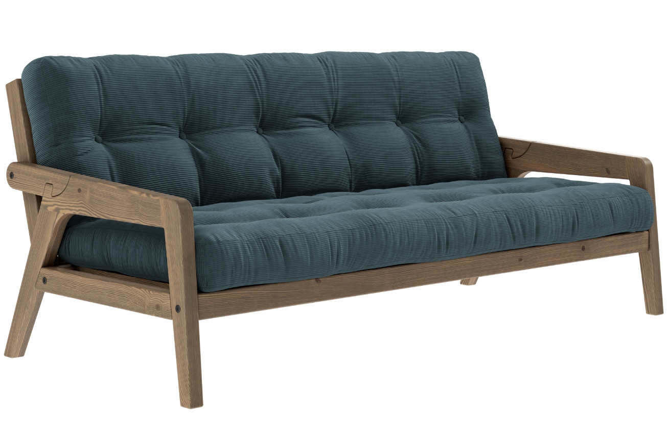 Tmavě modrá manšestrová trojmístná rozkládací pohovka Karup Design Grab 204 cm s hnědou konstrukcí Karup Design