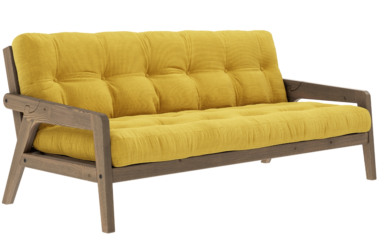 Žlutá manšestrová trojmístná rozkládací pohovka Karup Design Grab 204 cm s hnědou konstrukcí Karup Design