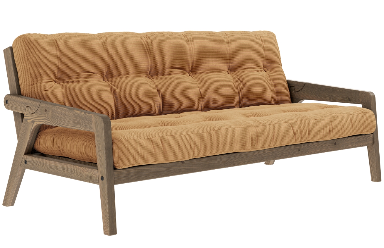 Hnědá manšestrová trojmístná rozkládací pohovka Karup Design Grab 204 cm s hnědou konstrukcí Karup Design