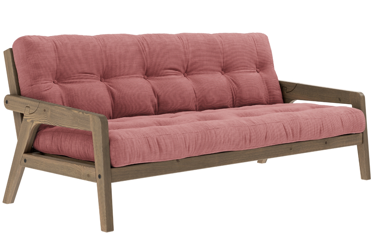 Růžová manšestrová trojmístná rozkládací pohovka Karup Design Grab 204 cm s hnědou konstrukcí Karup Design