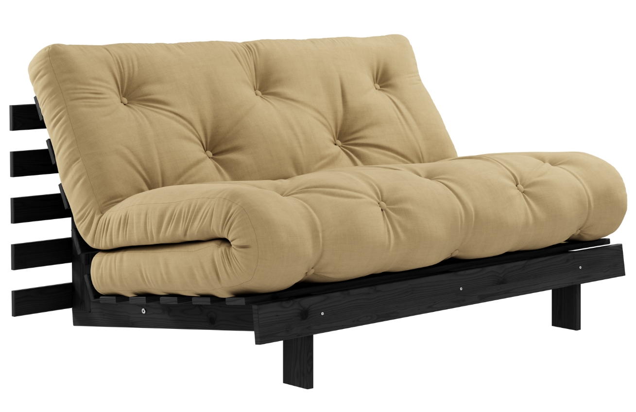 Tmavě béžová dvoumístná rozkládací pohovka Karup Design Roots 140 cm s černou konstrukcí Karup Design