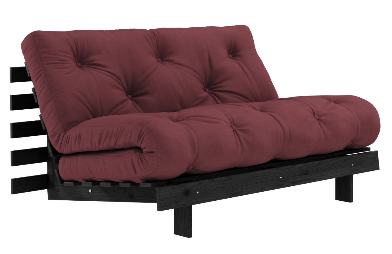Bordově červená dvoumístná rozkládací pohovka Karup Design Roots 140 cm s černou konstrukcí Karup Design
