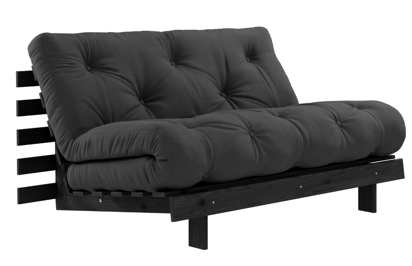 Tmavě šedá dvoumístná rozkládací pohovka Karup Design Roots 140 cm s černou konstrukcí Karup Design