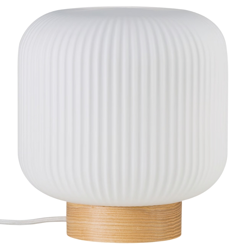 Nordlux Opálově bílá skleněná stolní lampa Milford s dřevěnou podstavou Nordlux
