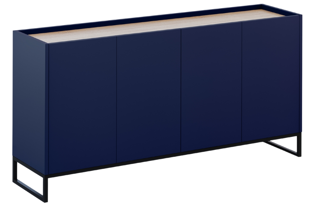 Modrá lakovaná komoda Windsor & Co Helene 160 x 40 cm s dubovým dekorem Windsor & Co