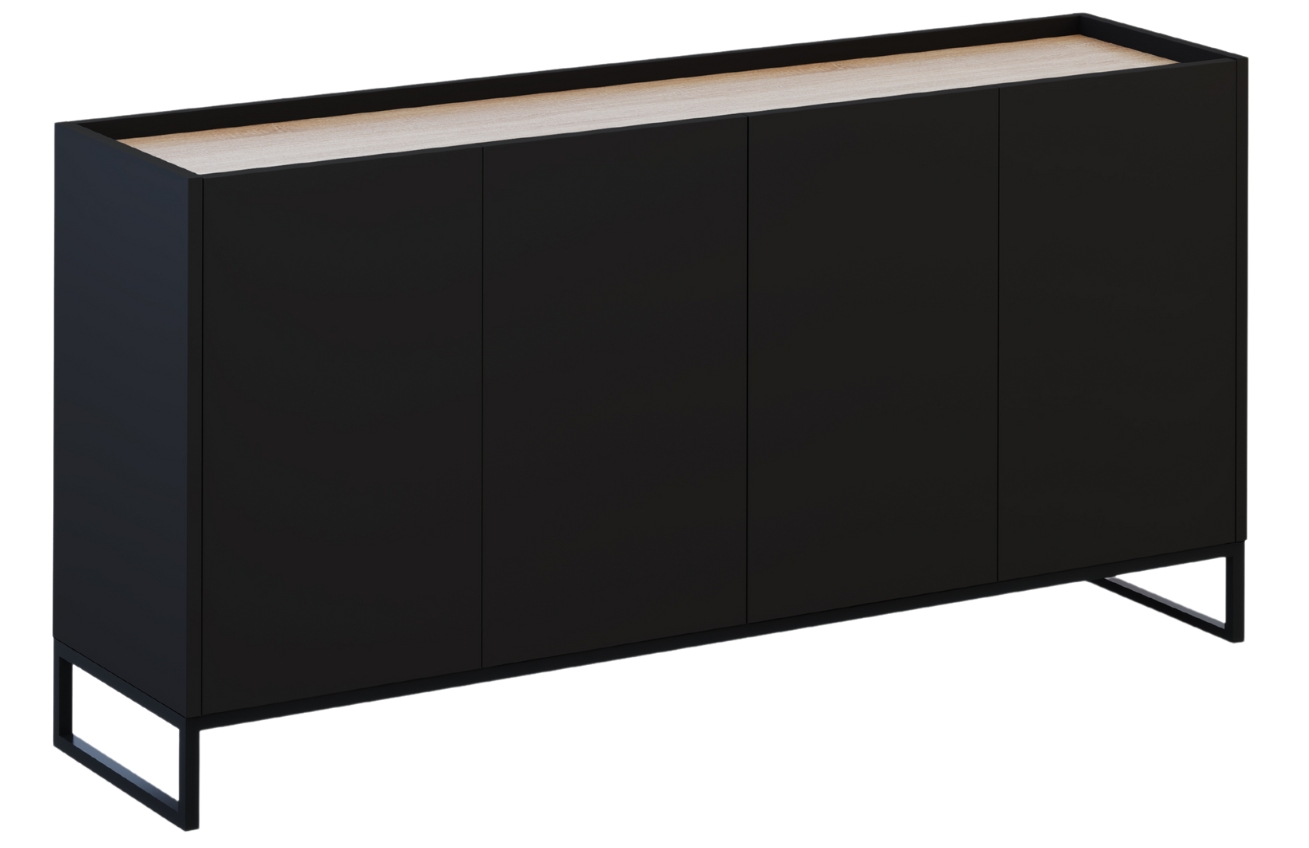Černá lakovaná komoda Windsor & Co Helene 160 x 40 cm s dubovým dekorem Windsor & Co