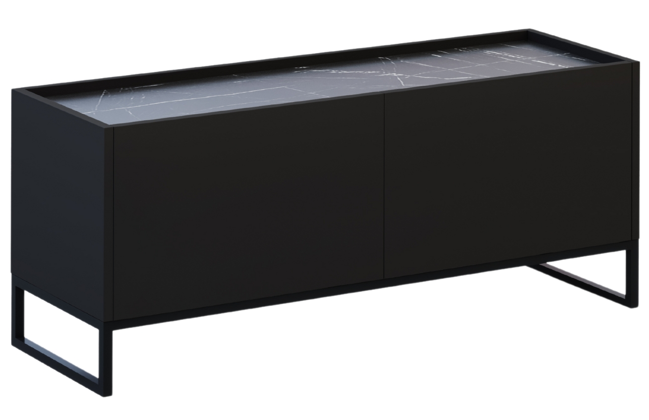Černý lakovaný TV stolek Windsor & Co Helene 120 x 40 cm s mramorovým dekorem Windsor & Co