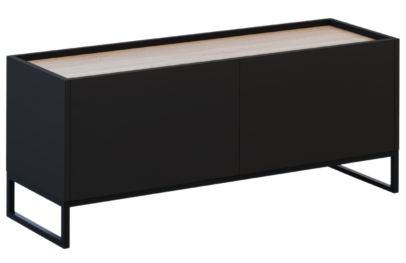 Černý lakovaný TV stolek Windsor & Co Helene 120 x 40 cm s dubovým dekorem Windsor & Co