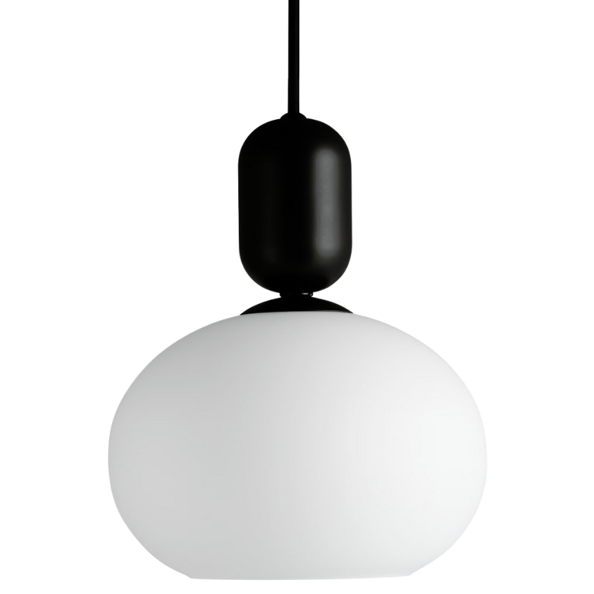 Nordlux Opálově bílé skleněné závěsné světlo Notti 20 cm s černým zavěšením Nordlux