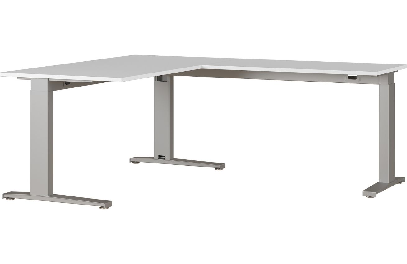 Šedý rohový kancelářský stůl GEMA Leanor 160 x 193 cm se stříbrnou podnoží GEMA