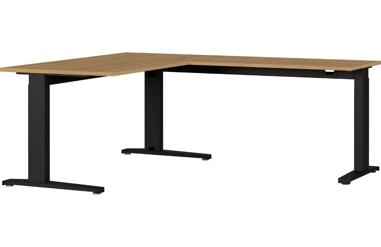 Dubový rohový kancelářský stůl GEMA Leanor 160 x 193 cm s černou podnoží GEMA
