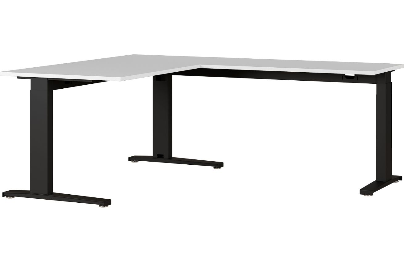 Šedý rohový kancelářský stůl GEMA Leanor 160 x 193 cm s černou podnoží GEMA