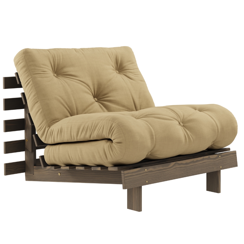 Tmavě béžové rozkládací křeslo Karup Design Roots s hnědou konstrukcí Karup Design