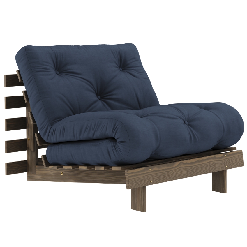 Tmavě modré rozkládací křeslo Karup Design Roots s hnědou konstrukcí Karup Design