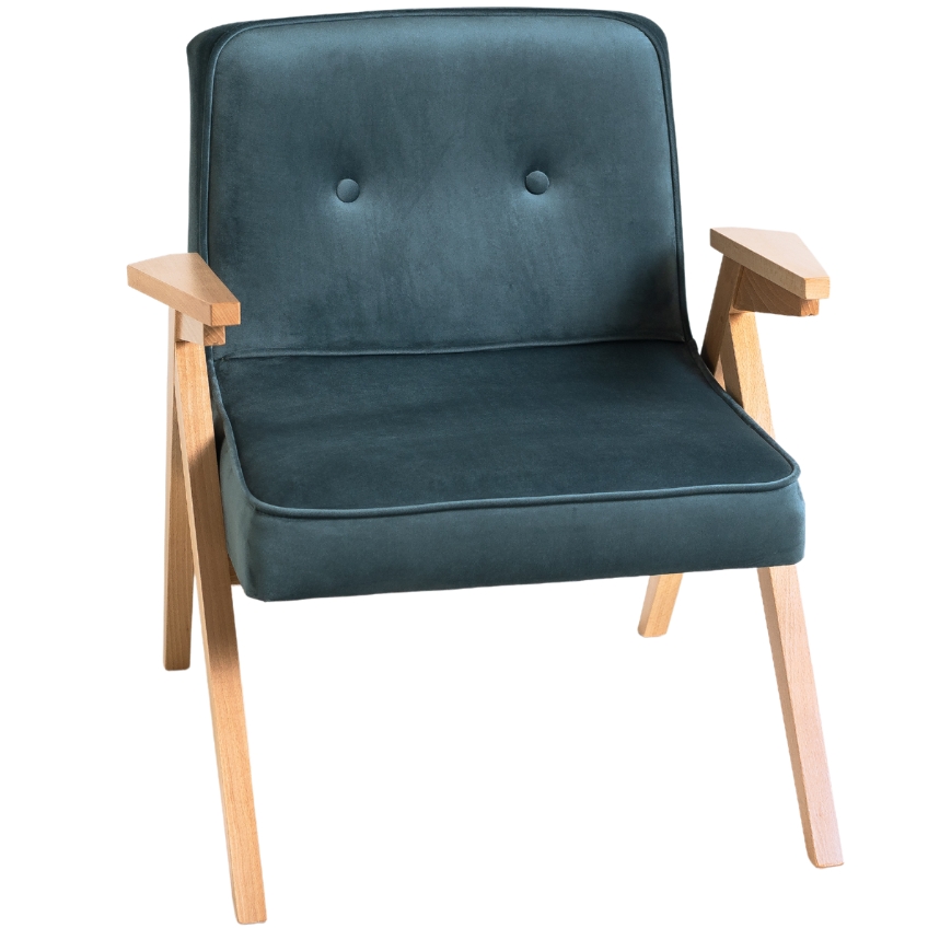 Nordic Design Petrolejově modré sametové křeslo Vinnie s přírodní podnoží Nordic Design