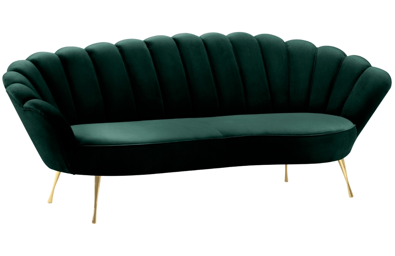Lahvově zelená sametová třímístná pohovka Cosmopolitan Design Kingston 224 cm se zlatou podnoží Cosmopolitan Design