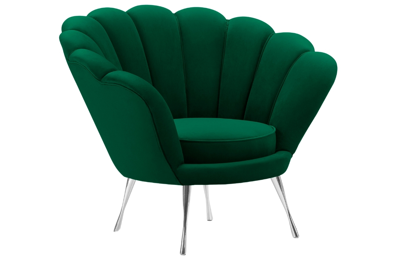 Lahvově zelené sametové křeslo Cosmopolitan Design Kingston II. se stříbrnou podnoží Cosmopolitan Design