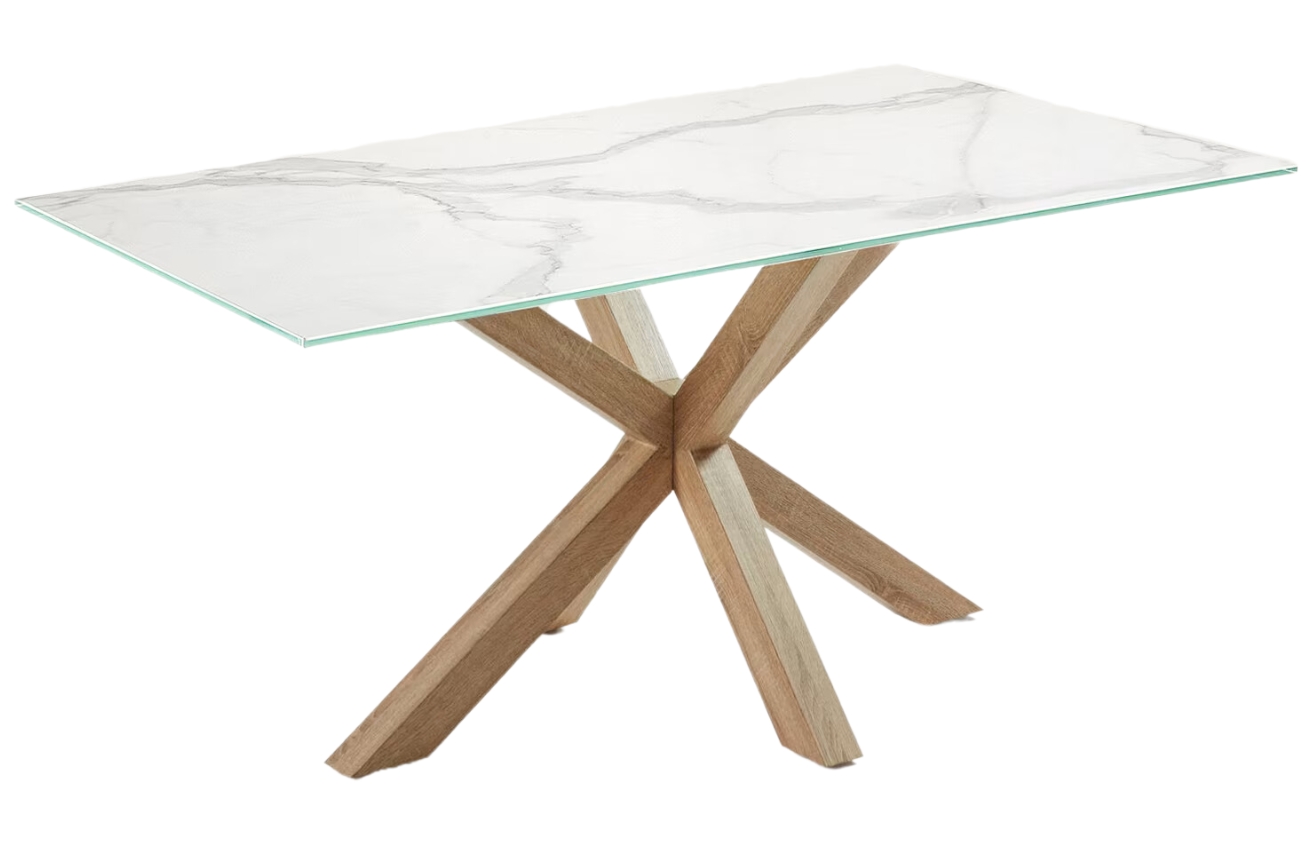 Bílý porcelánový jídelní stůl Kave Home Argo 180 x 100 cm s přírodní kovovou podnoží Kave Home