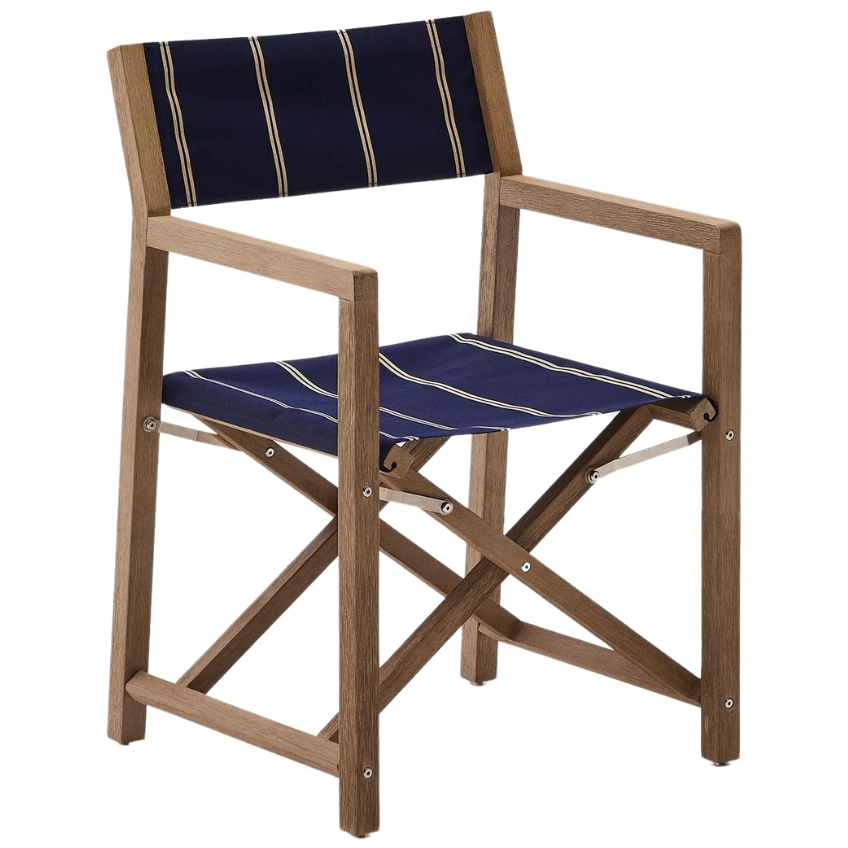 Dřevěná zahradní skládací židle Kave Home Vilara s modro-bílým sedákem Kave Home