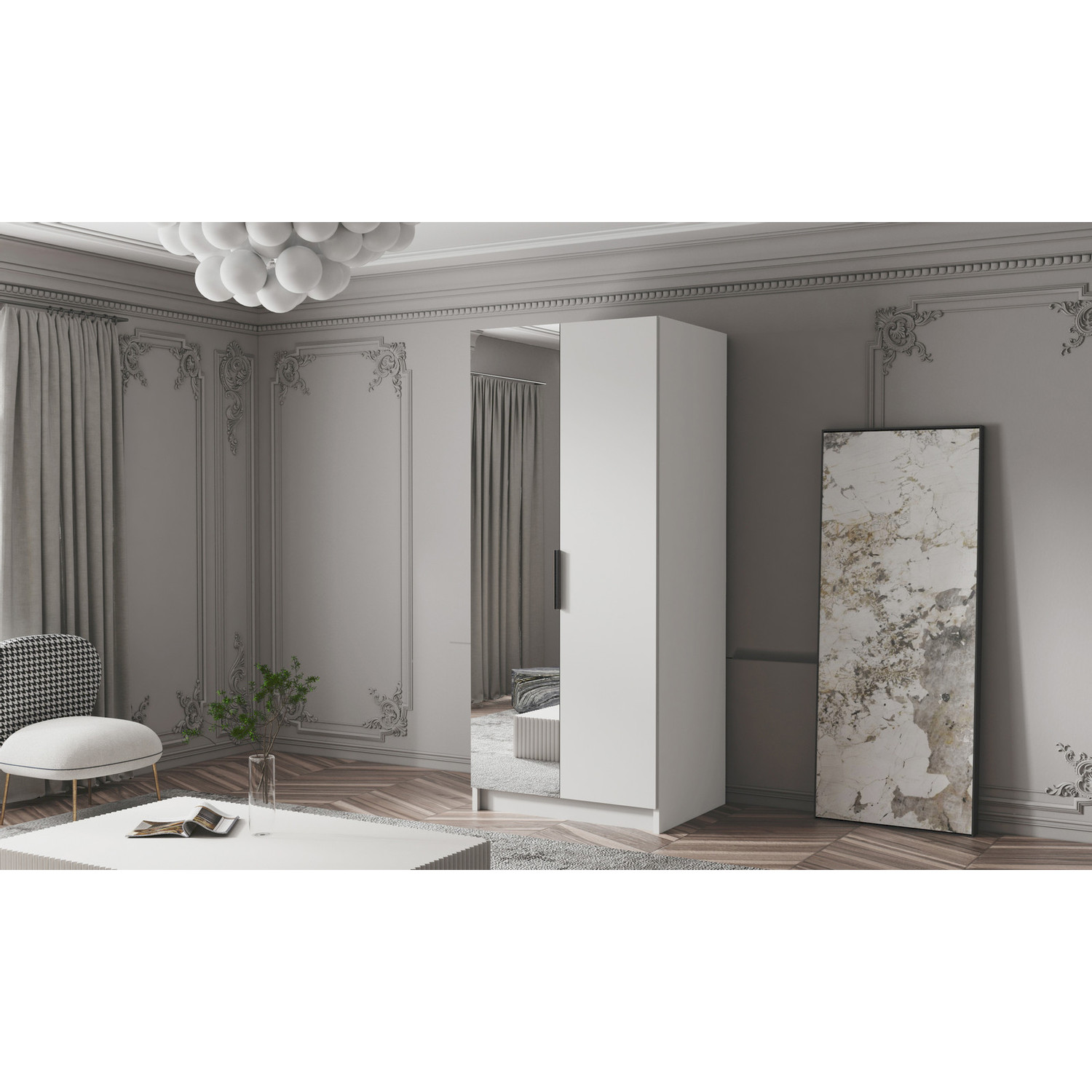 Šatní skříň BODRUM 100 II - bílá/černé úchytky